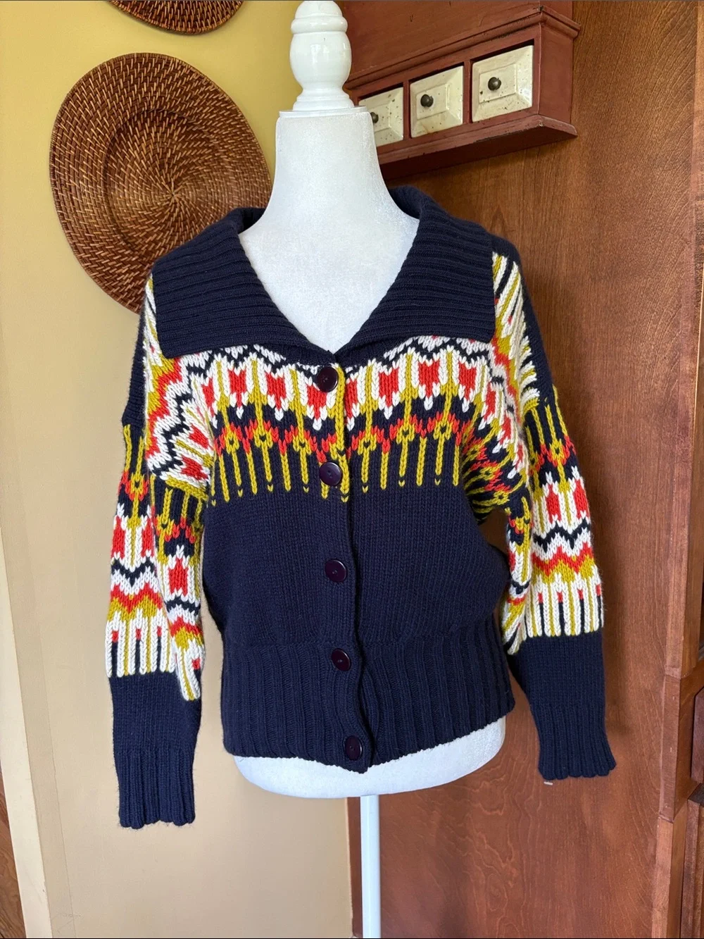 French Connection Navy Wool and Angora Sweater Multicolor Fair Isle Pattern sz M
